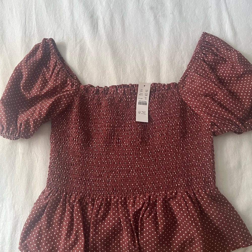 J. Crew Brown and Orange Puff Sleeve Smocked Peplum Blouse - Picture 1 of 4